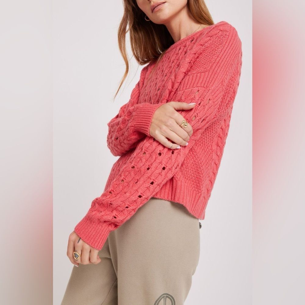 NEW Spiritual Gangster Gemma Cable Knit Sweater Coral Sz. Medium NWT Wool Alpaca